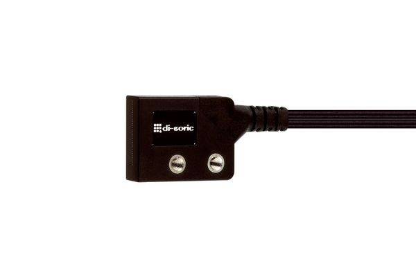 Schwarzer rechtwinkliger elektrischer Steckverbinder mit Kabel, beschriftet mit „di-soric