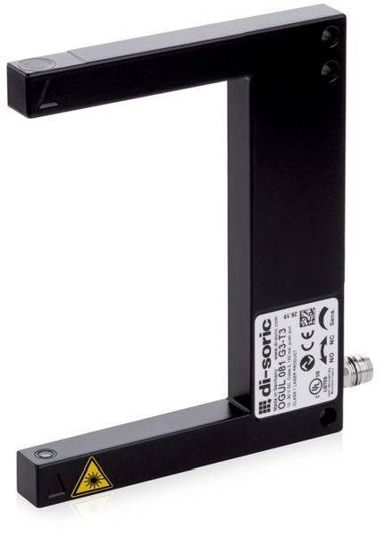 Schwarzer rechteckiger photoelektrischer Sensor mit U-förmigem Rahmen und Warnaufkleber für Laser, gezeigt auf weißem Hintergrund.