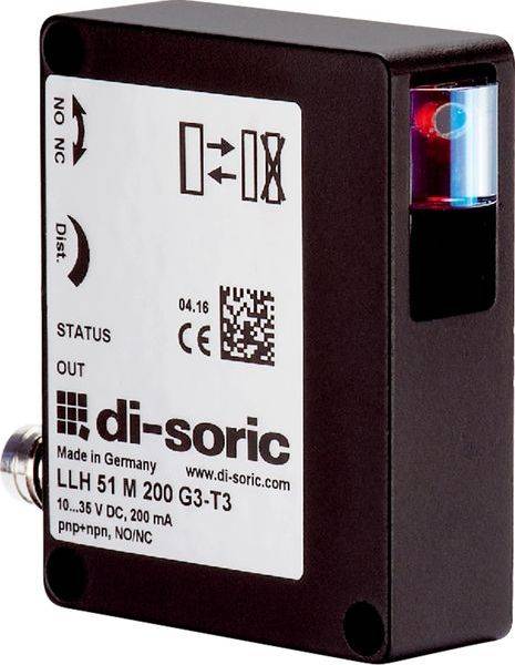 Foto eines zweirichtigen industriellen photoelektrischen Sensors mit Status-LED und bedrucktem Etikett, in Nahaufnahme vor weißem Hintergrund dargestellt.