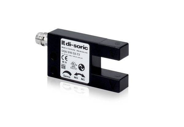 Schwarzer U-förmiger di-sorischer optischer Sensor mit Gewindemetallstecker und weißem Produktetikett, gezeigt auf weißem Hintergrund.