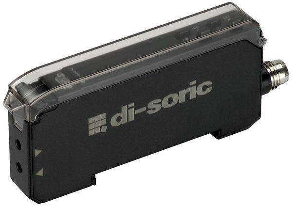 Schwarzes Industrie-Sensormodul mit di-sorischer Ausführung, transparenter Oberseite und Metallstecker, dargestellt auf weißem Hintergrund.