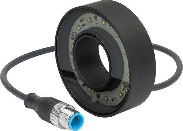 Ringförmiges industrielles LED-Ringlicht mit angebrachtem Kabel und blauem Steckverbinder auf weißem Hintergrund