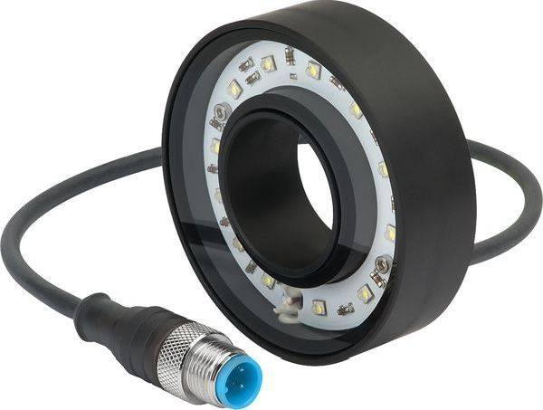 Runde industrielle LED-Ringlampe mit angebrachtem Kabel und blauem Steckerstecker auf weißem Hintergrund.
