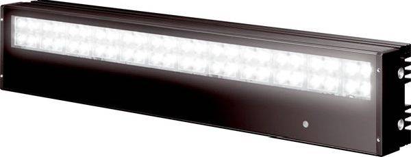 Lange schwarze LED-Leuchtenleiste mit hellen weißen LEDs in einem rechteckigen Gehäuse.
