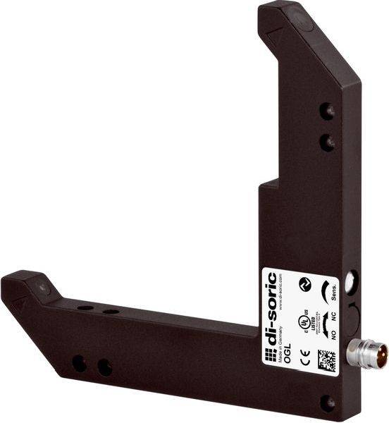 Brauner Industrie-Fotoelektrischer Sensor mit L-förmiger Halterung und Etikett, gezeigt vor weißem Hintergrund