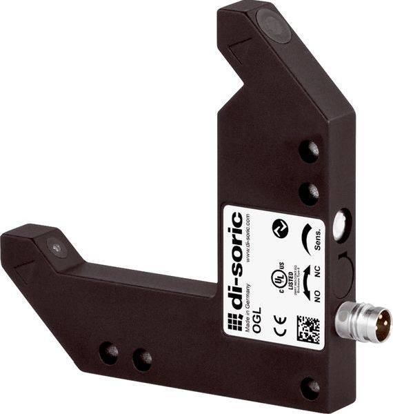 L-förmiger Industriesensor mit Befestigungslöchern und Seitenstecker, mit di-soric-Beschriftung, auf weißem Hintergrund dargestellt.