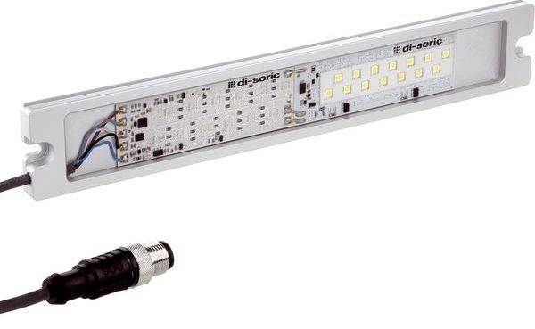 Langes rechteckiges LED-Sensor-/Lichtleisten-Modul mit angeschlossenem Kabel und Stecker, daneben auf weißem Hintergrund dargestellt.