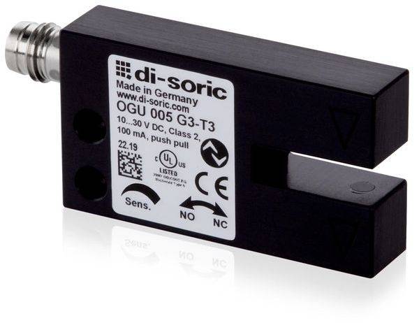 Foto eines di-sorischen optischen Sensors in einem schwarzen U-förmigen Metallgehäuse mit Gewindeverbinder und gedrucktem Spezifikationsetikett.