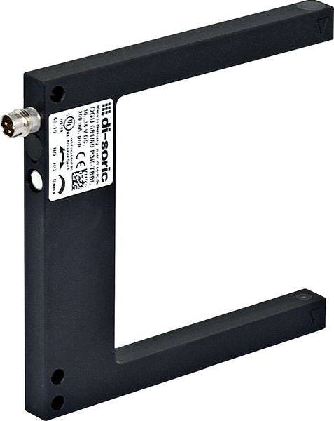 Schwarzer rechteckiger Sensor mit C-förmigem Rahmen und Kabelstecker, auf weißem Hintergrund dargestellt.