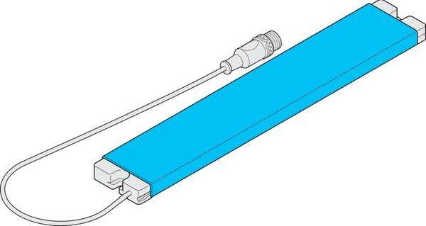 Illustration eines blauen rechteckigen Geräts mit einem Kabel, das an einem Ende angeschlossen ist, und einem kleinen Stecker, der am anderen Ende passt, gezeigt auf weißem Hintergrund.