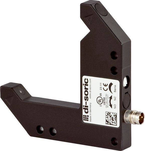 Schwarzer Industriesensor mit Befestigungsarmen und Stecker, beschriftet mit di-soric, auf weißem Hintergrund dargestellt.