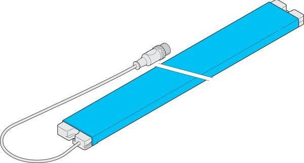 Abbildung eines blauen rechteckigen medizinischen Geräts mit einem Kabel und Stecker an einem Ende, dargestellt mit einem weißen Band in der Mitte.