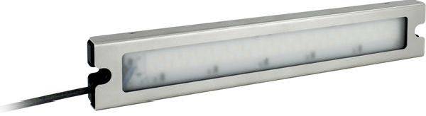 Schlankes rechteckiges Metallleuchten-Element mit mattiertem Diffusor und schwarzem Stromkabel, das auf der linken Seite angebracht ist.