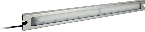 Längliche rechteckige Metall-LED-Leuchte mit schwarzem Stromkabel an einem Ende und mattiertem Diffusor an der Vorderseite.