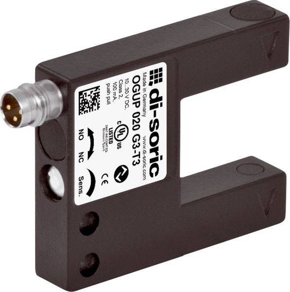 Foto eines dunkelbraunen, U-förmigen Industriesensors mit metallischem Stecker und weißem 
