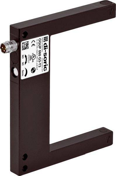 Dunkelbraun C-förmiger Industriesensor oder Lichtschranke mit einem Stecker an einem Ende, dargestellt auf einem einfachen weißen Hintergrund.