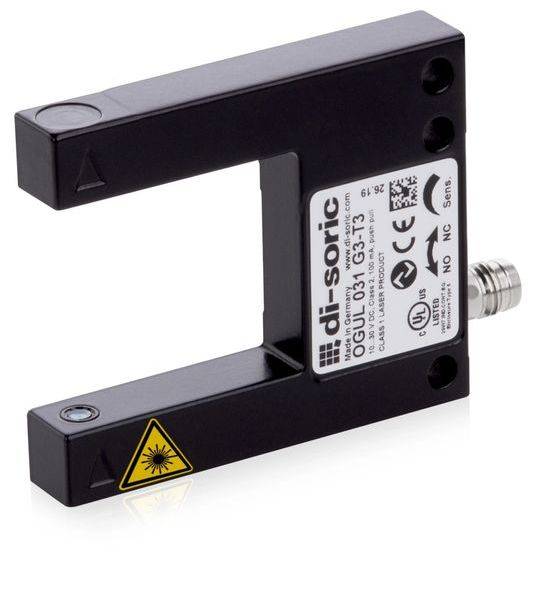 Schwarzer di-sorischer photoelektrischer Sensor mit U-förmigem Rahmen, Warnlaseretikett und Seitenstecker auf weißem Hintergrund.