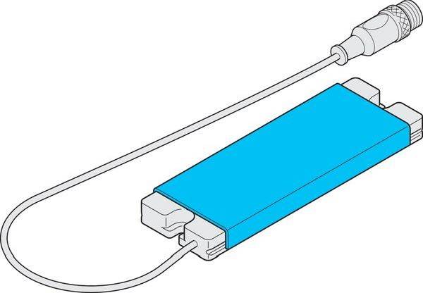 Lichtwellenleiterstecker mit blauem Schutzdeckel, der an einem dünnen Kabel und Stecker angebracht ist, dargestellt in einer einfachen technischen Illustration.