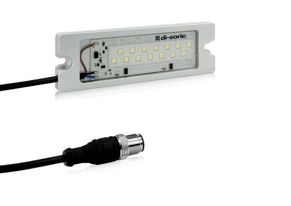 LED-Leuchtmodul mit angeschlossenem schwarzem Kabel und rundem Stecker, auf weißem Hintergrund dargestellt.
