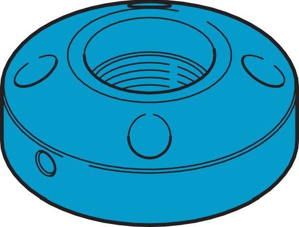 Blaues kreisförmiges Metallgewinde mit zentraler Öffnung und mehreren kleinen Seitenlöchern, dargestellt im einfachen technischen Illustrationsstil.