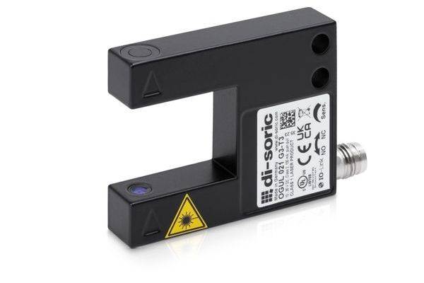 Schwarzer SICK-Fotoelektrischer Sensor mit gelbem Laser-Warnsymbol und Befestigungslöchern, dargestellt auf weißem Hintergrund.