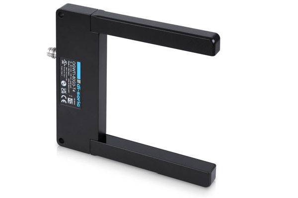 Schwarzer U-förmiger industrieller Lichtelektronischer Sensor mit zwei horizontalen Armen und einem Stecker an einem Ende.