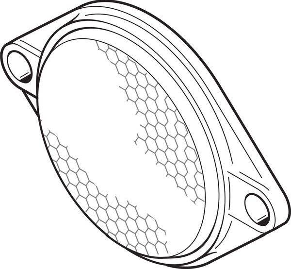 Illustration eines runden, geflanschten Industriefilters oder Lautsprechergitters mit Wabengittergewebe und zwei Befestigungslaschen.