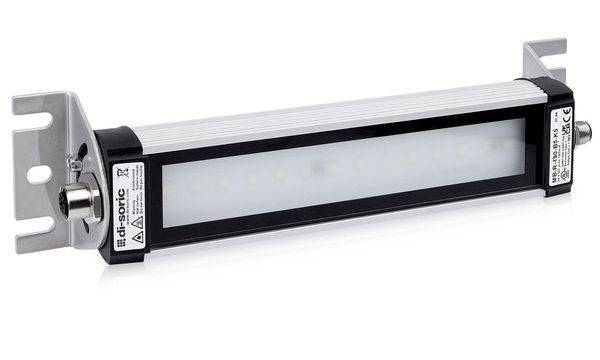 Industrieller Linearstellantrieb oder Sensor mit langem schwarz-silbernem rechteckigem Gehäuse, Montageklammern an beiden Enden und zentralem weißem Bedienfeld.