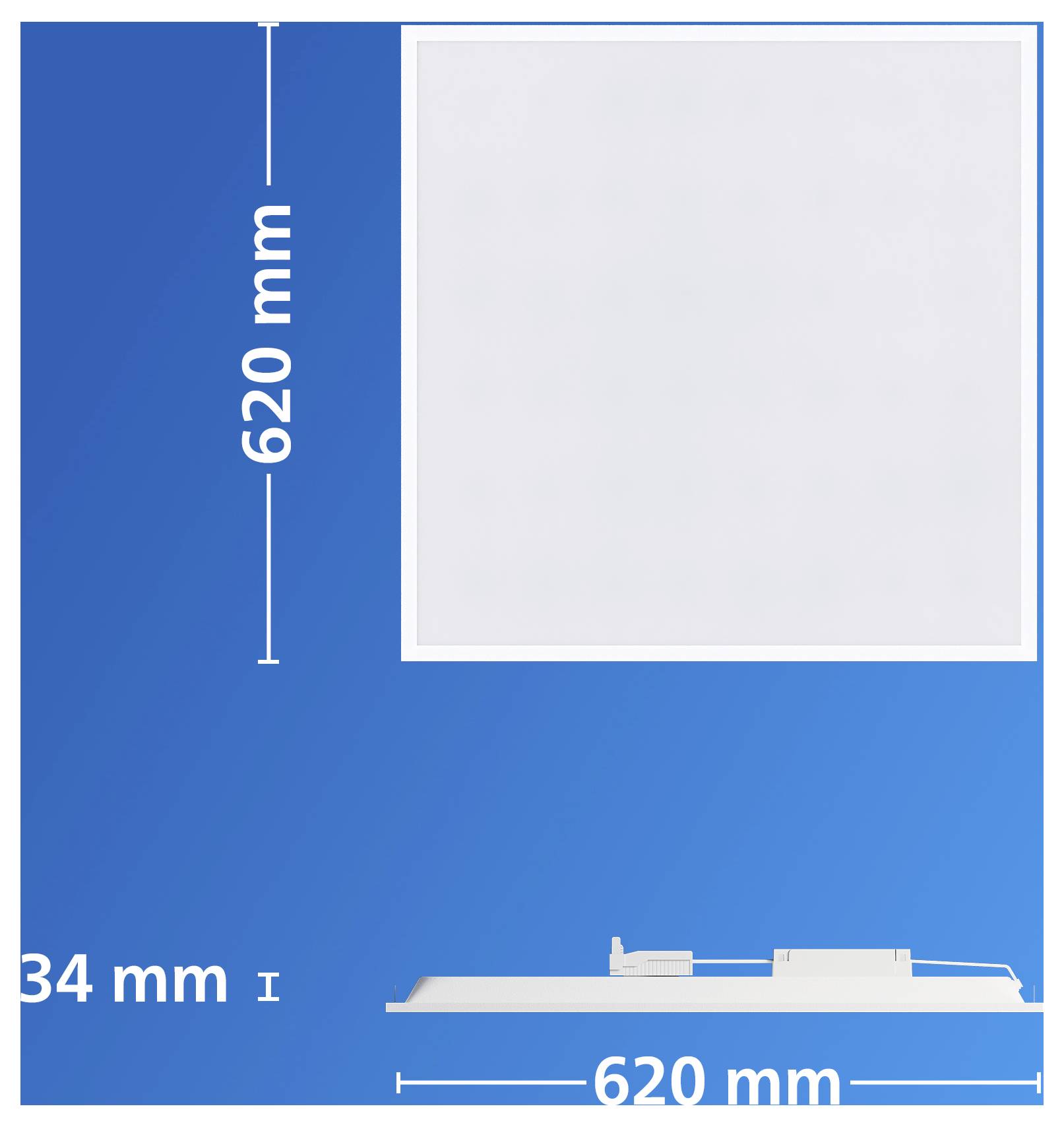 Technisches Größendiagramm mit einem flachen rechteckigen Paneel: 620 mm breit und 620 mm hoch, mit einer Tiefenmessung von 34 mm an der Basis.