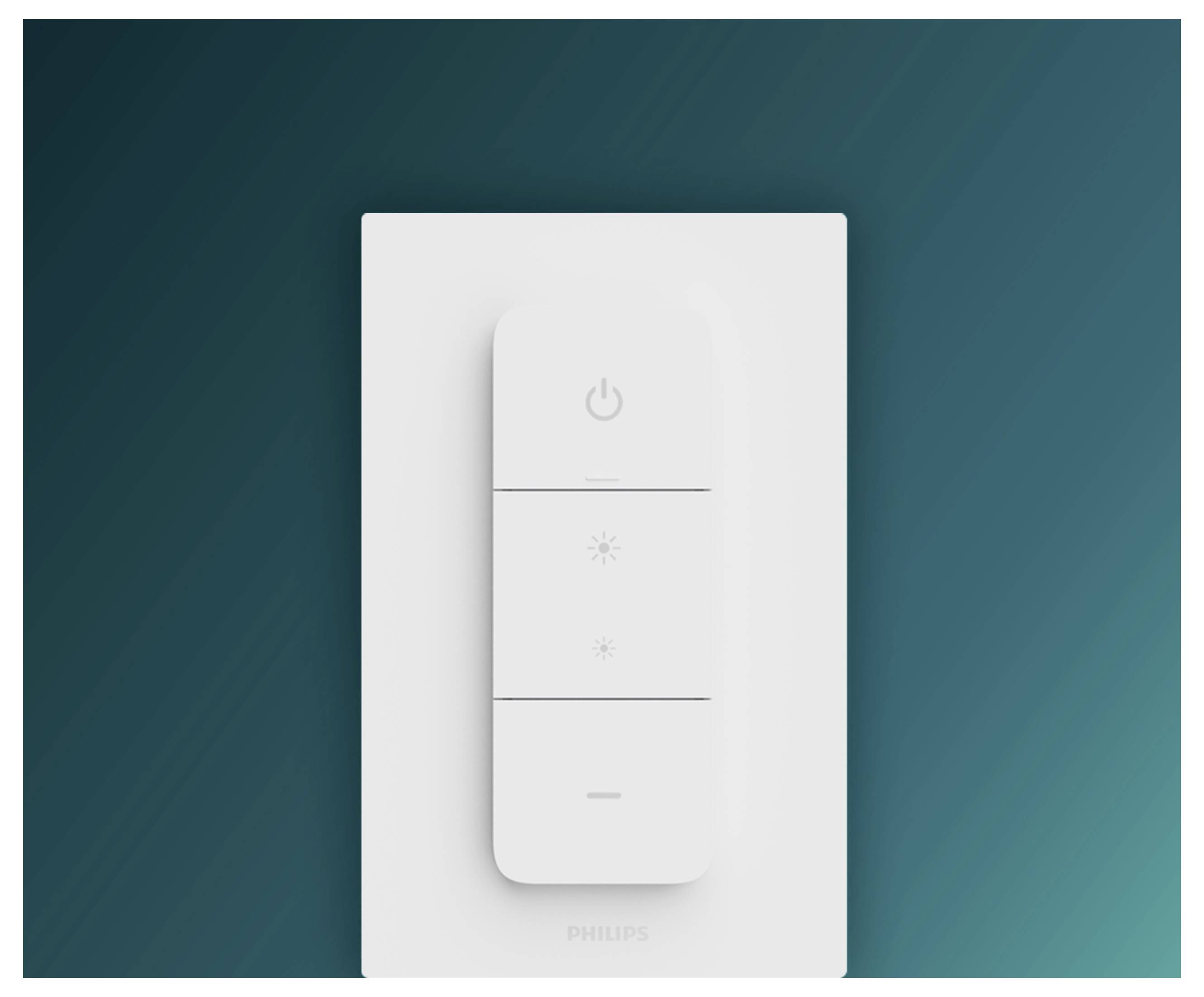 Weiß-graue Philips Wandlicht-Schalter oder Fernbedienungspanel mit Leistungs- und Helligkeitssymbolen auf tealfarbenem Hintergrund