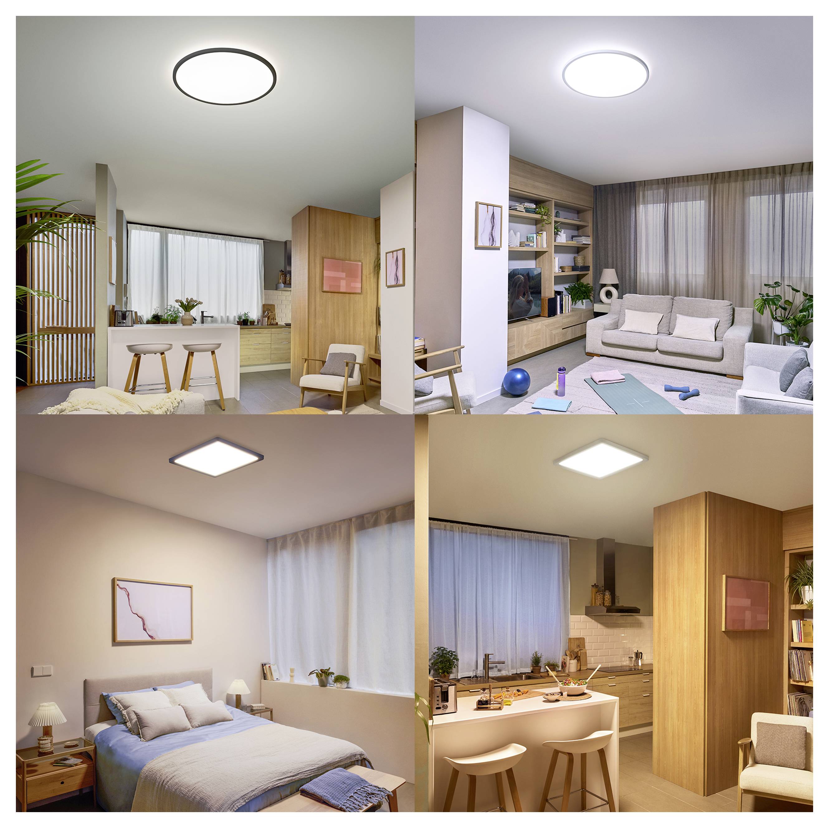 Vier Ansichten einer modernen Apartment-Inneneinrichtung, die einen offenen Küchen- und Wohnbereich, ein Schlafzimmer und eine kompakte Küchennische mit hellen Holzmöbeln und neutraler Dekoration zeigen.