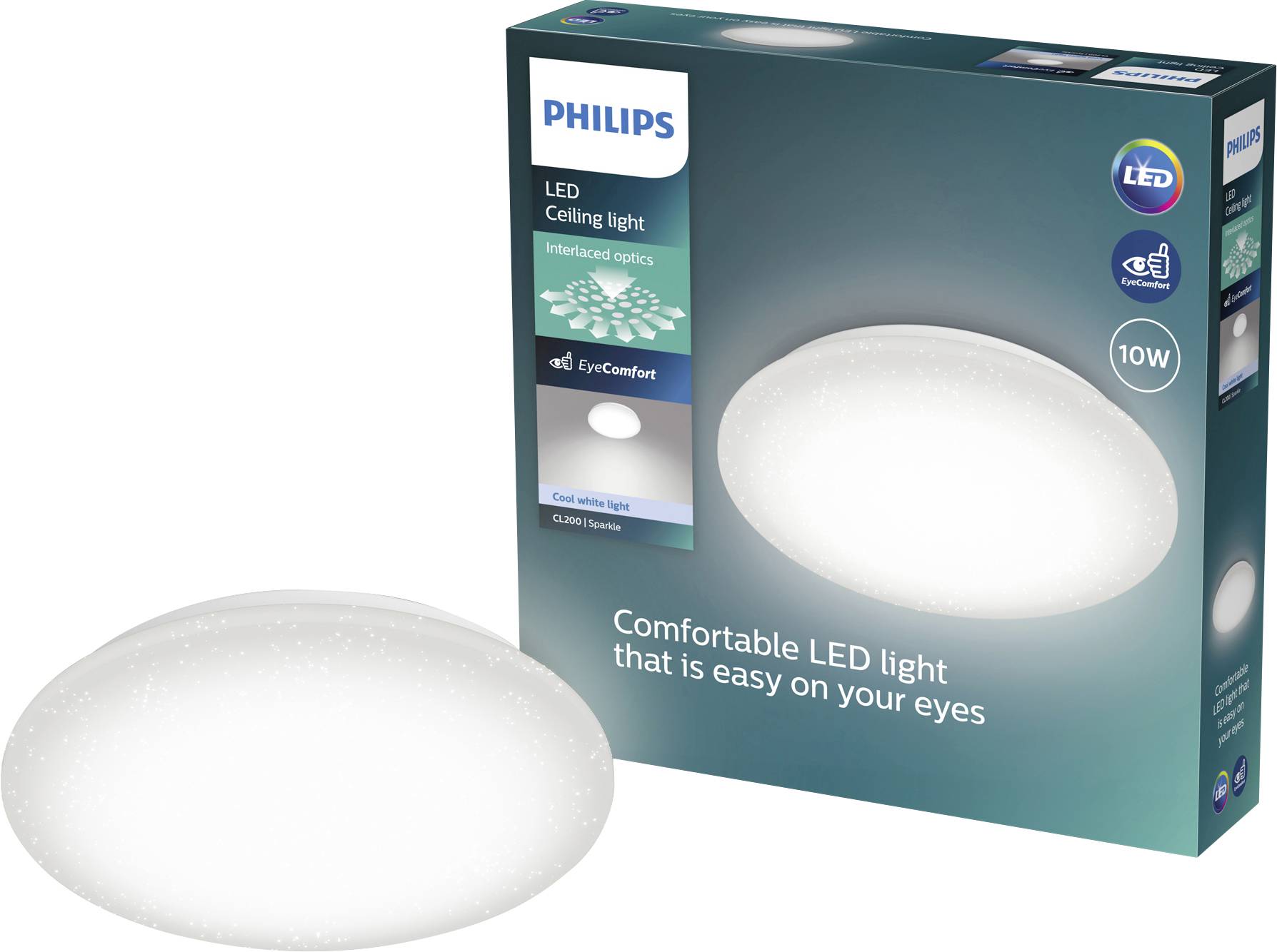 Philips LED-Deckenleuchten-Verpackung neben einer weißen ovalen Deckenleuchte, gekennzeichnet mit 10W und 