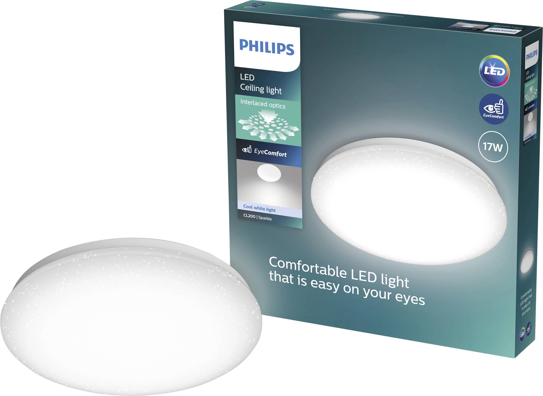 Philips 17W LED-Deckenleuchte gezeigt mit ihrer Produktverpackung, mit einer runden weißen Lampe und „Angenehmes LED-Licht, das schonend für Ihre Augen ist