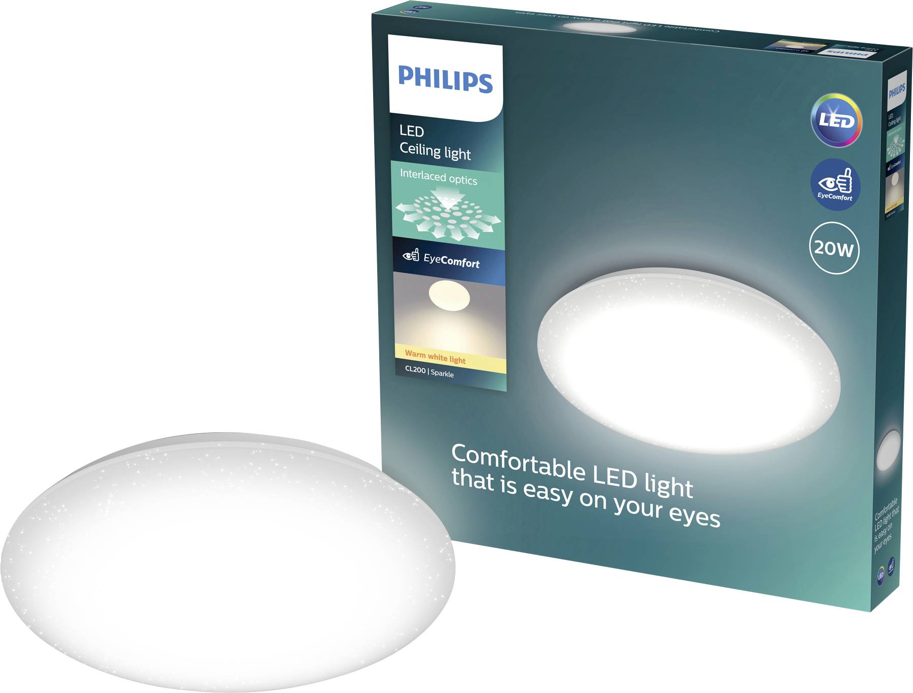 Philips 20W LED-Deckenleuchte mit ovalem weißen Gehäuse und Produktkarton mit der Aufschrift „Komfortables LED-Licht, das die Augen schont