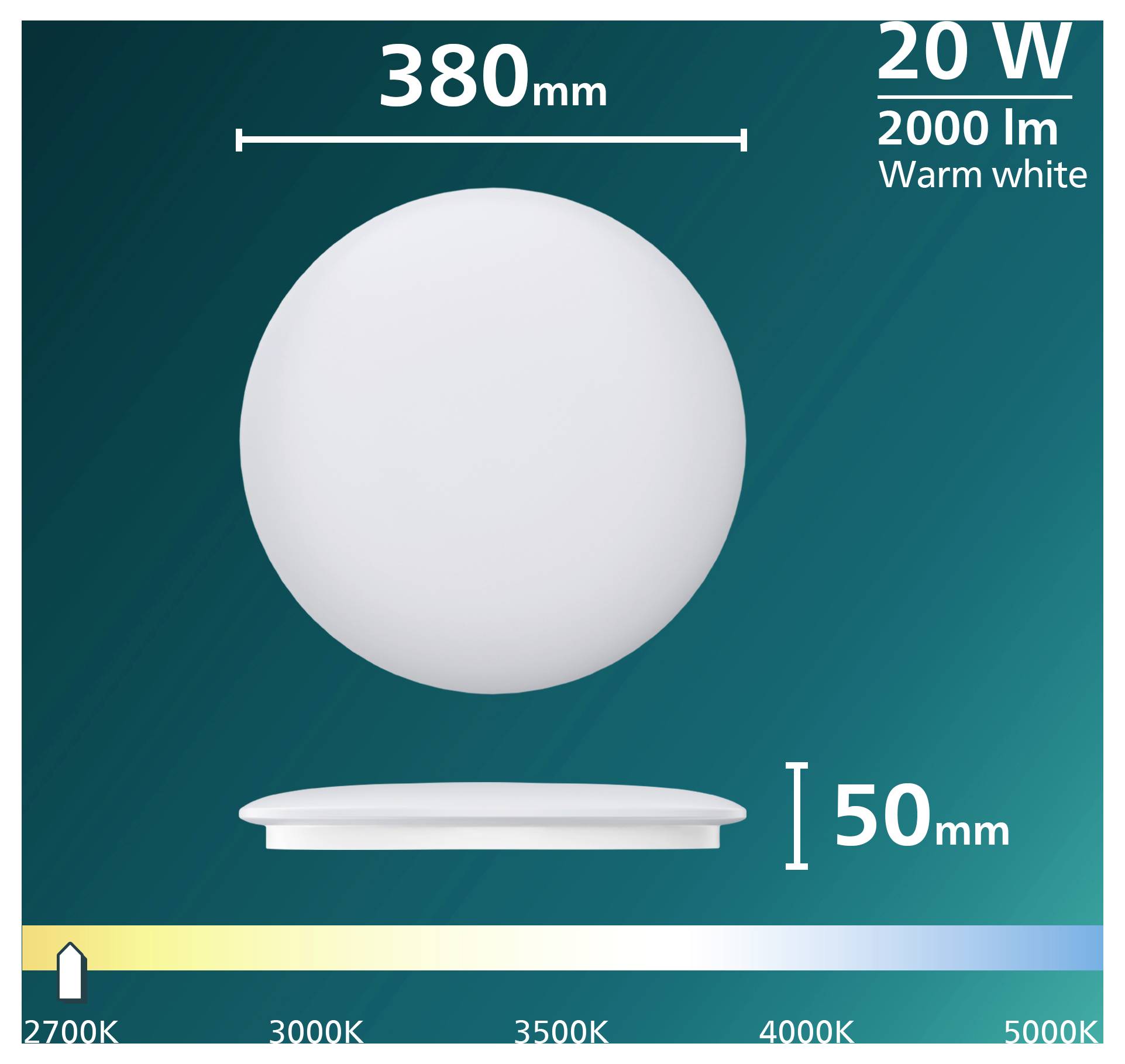 Produktgrafik einer weißen LED-Deckenleuchte, mit einem Durchmesser von 380 mm und einer Höhe von 50 mm, 20 W, 2000 lm, warmweiß, mit einem Farbtemperaturbereich von 2700 K bis 5000 K.