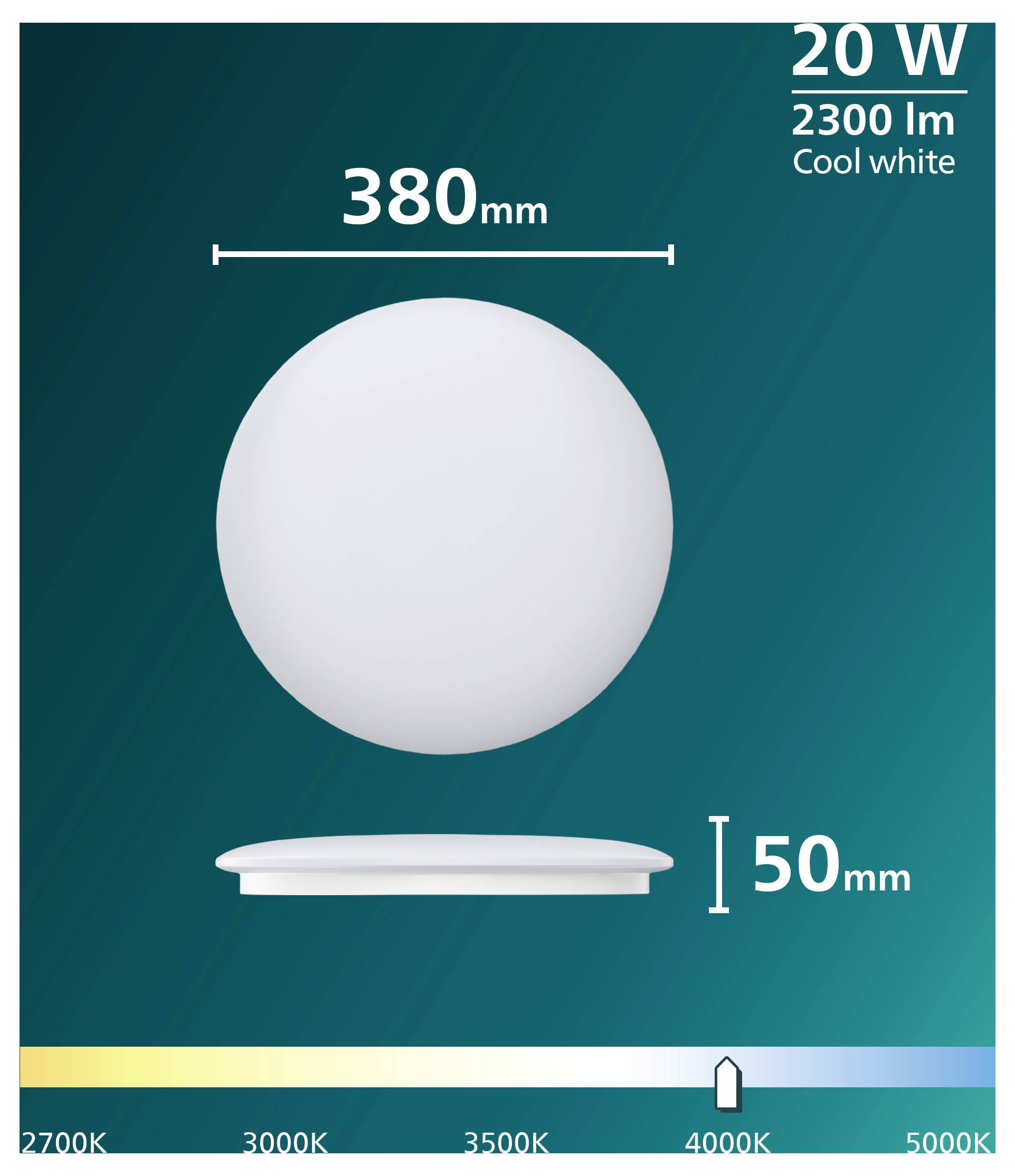 Produktgrafik für eine 20-W-LED-Leuchte in Kaltweiß: 2300 lm, 380 mm breit, 50 mm hoch, mit einer Farbtemperaturskala von 2700K bis 5000K auf 4000K eingestellt.
