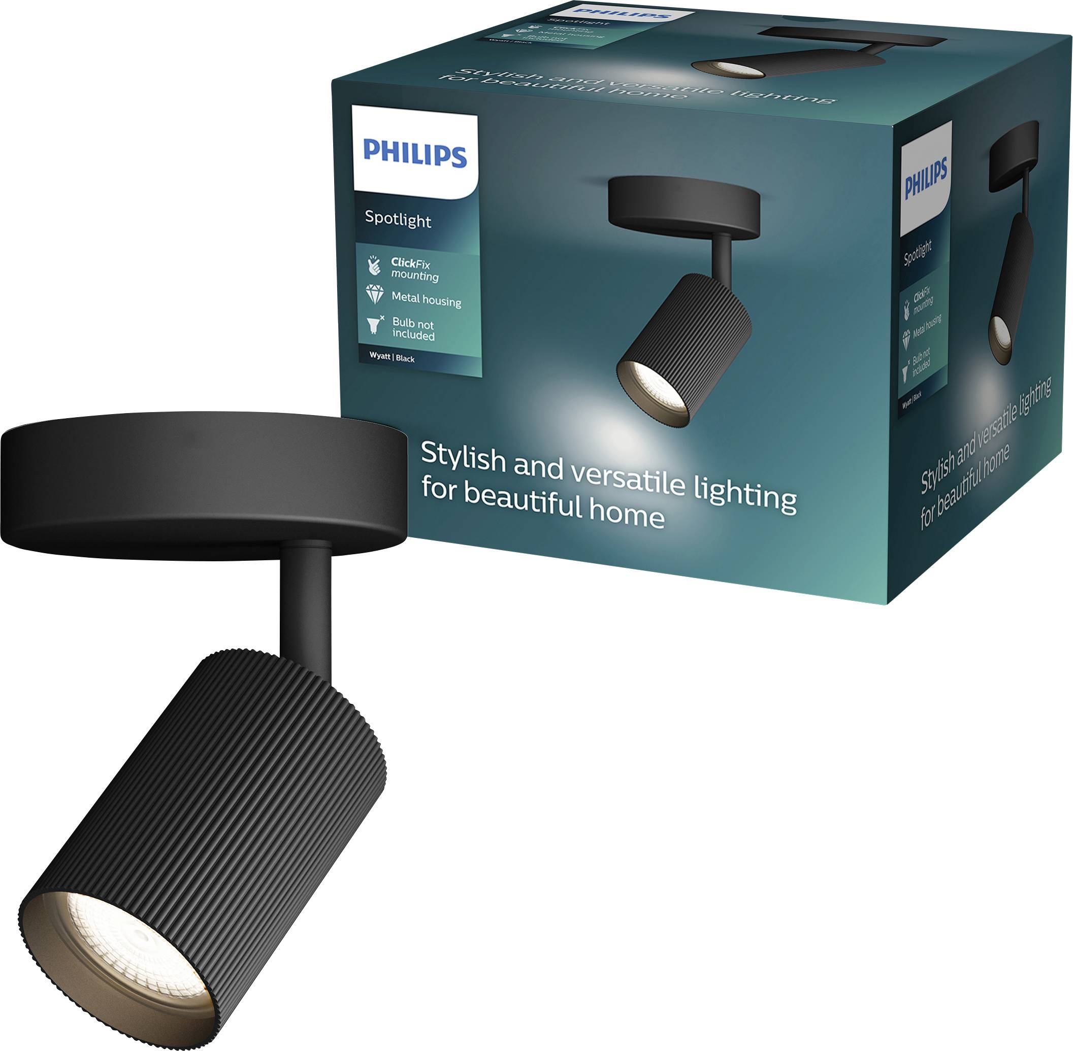 Philips Spotlight Deckenleuchte und Produktverpackung mit dem Slogan „Stilvolles und vielseitiges Licht für ein schönes Zuhause
