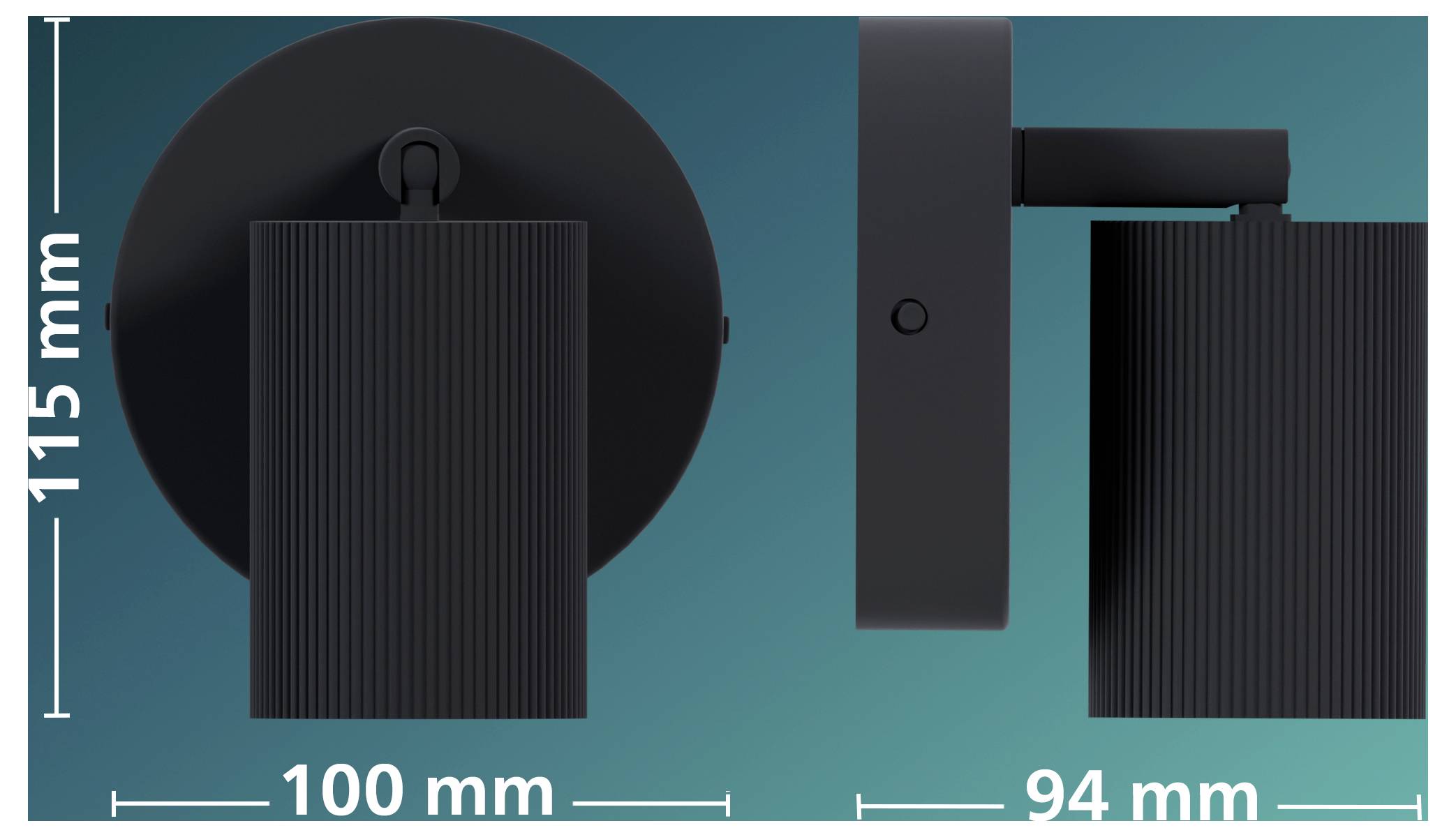 Produktabmessungen-Illustration einer schwarzen Wandleuchte mit Vorder- und Seitenansicht und Maßangaben: 115 mm Höhe, 100 mm Breite und 94 mm Tiefe.