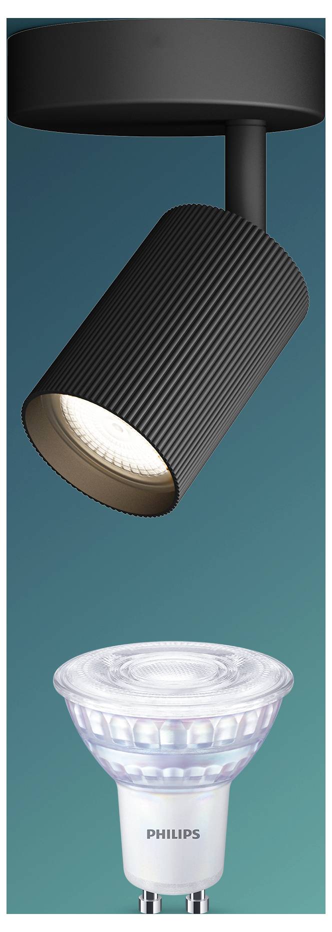 Darstellung eines verstellbaren Philips-Spotlichts, das die schwarze Deckenhalterung, den gewinkelt einstellbaren Lampenkopf und eine leuchtende Glühbirne zeigt, mit der unten angezeigten Glühbirnenform.