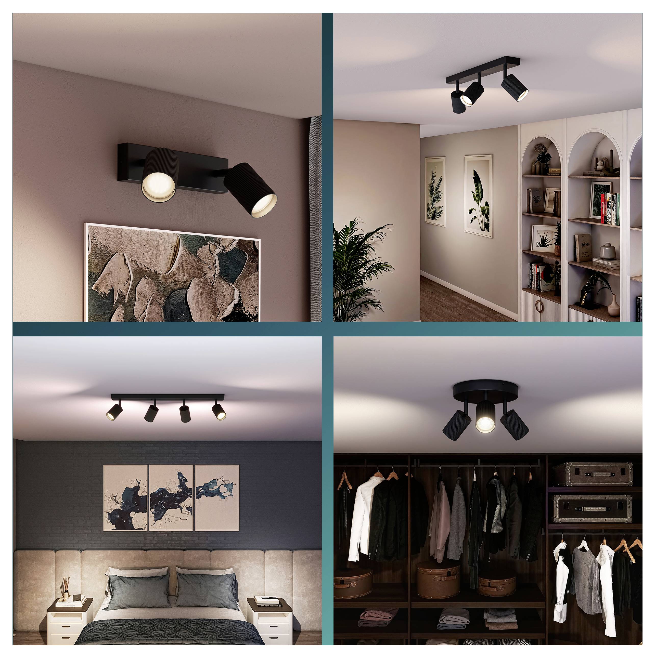 Vier Fotos zeigen schwarze verstellbare Schienensysteme und Spotlightleuchten an Decken und Wänden in einem Wohninterieur, die ein Schlafzimmer, einen Flur und einen begehbaren Kleiderschrank beleuchten.