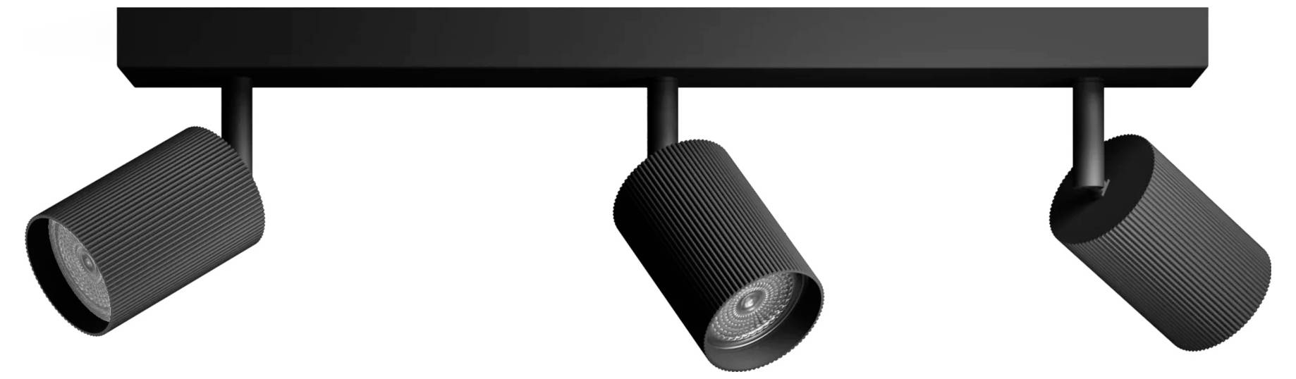Schwarze Deckenspot-Leiste mit drei Leuchten und verstellbaren zylindrischen Lampen auf weißem Hintergrund.