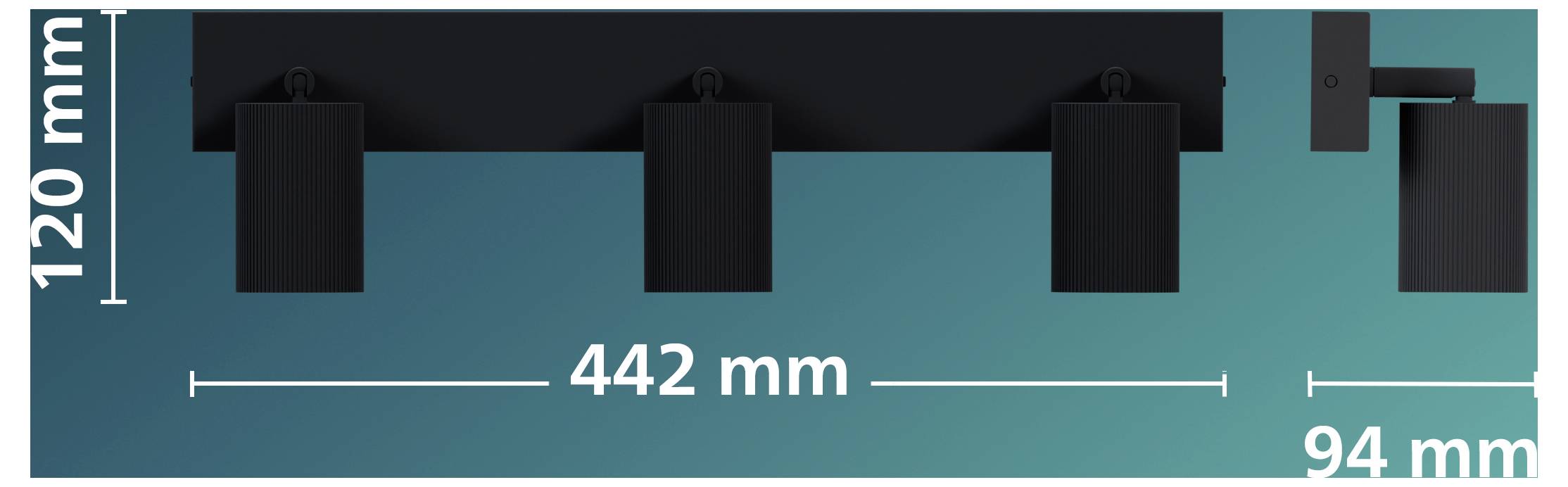 Dimensionsdiagramm für ein rechteckiges Objekt: 442 mm breit, 120 mm hoch und 94 mm für den rechten Bereich.
