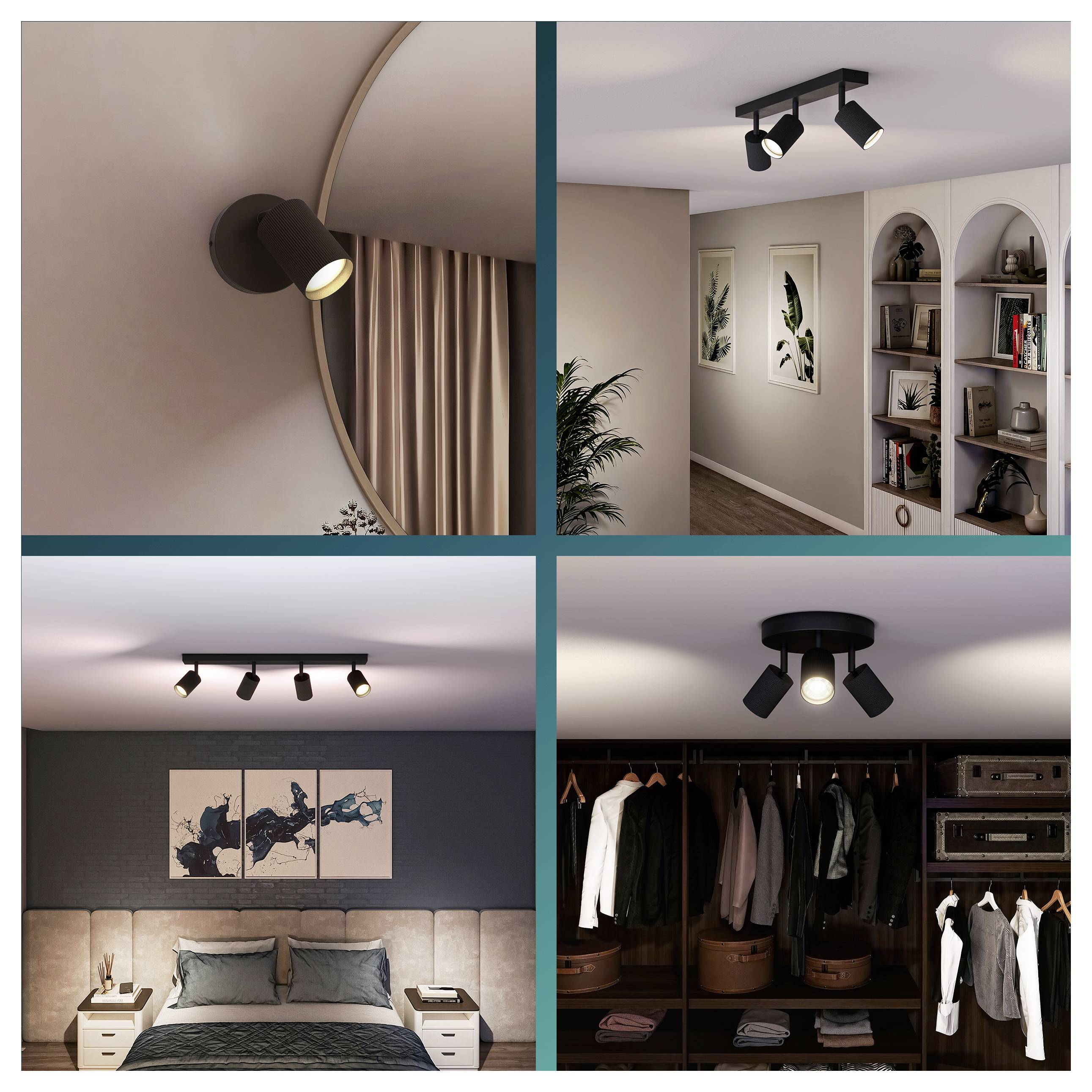 Collage aus vier modernen Innenleuchten: Wandstrahler, Deckenleuchten-Schienensystem, Schlafzimmerstrahler und Deckenleuchte für Kleiderschrank.