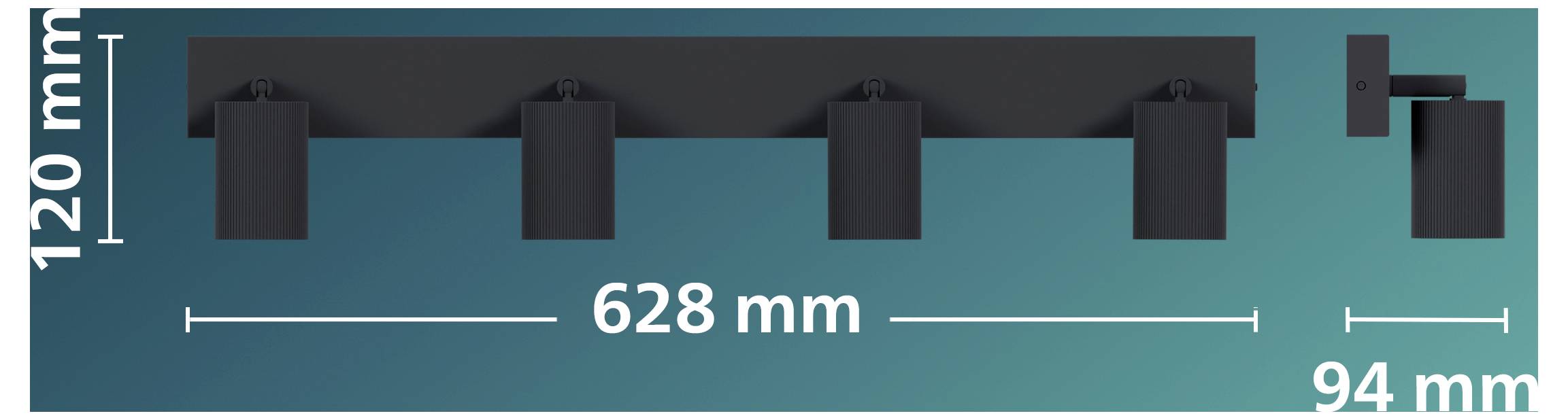 Draufsicht-Diagramm einer Leuchte: 628 mm langes Hauptteil mit vier gleichmäßig verteilten Lampen, plus 94 mm langes Endsegment und 120 mm Breitenbeschriftung.