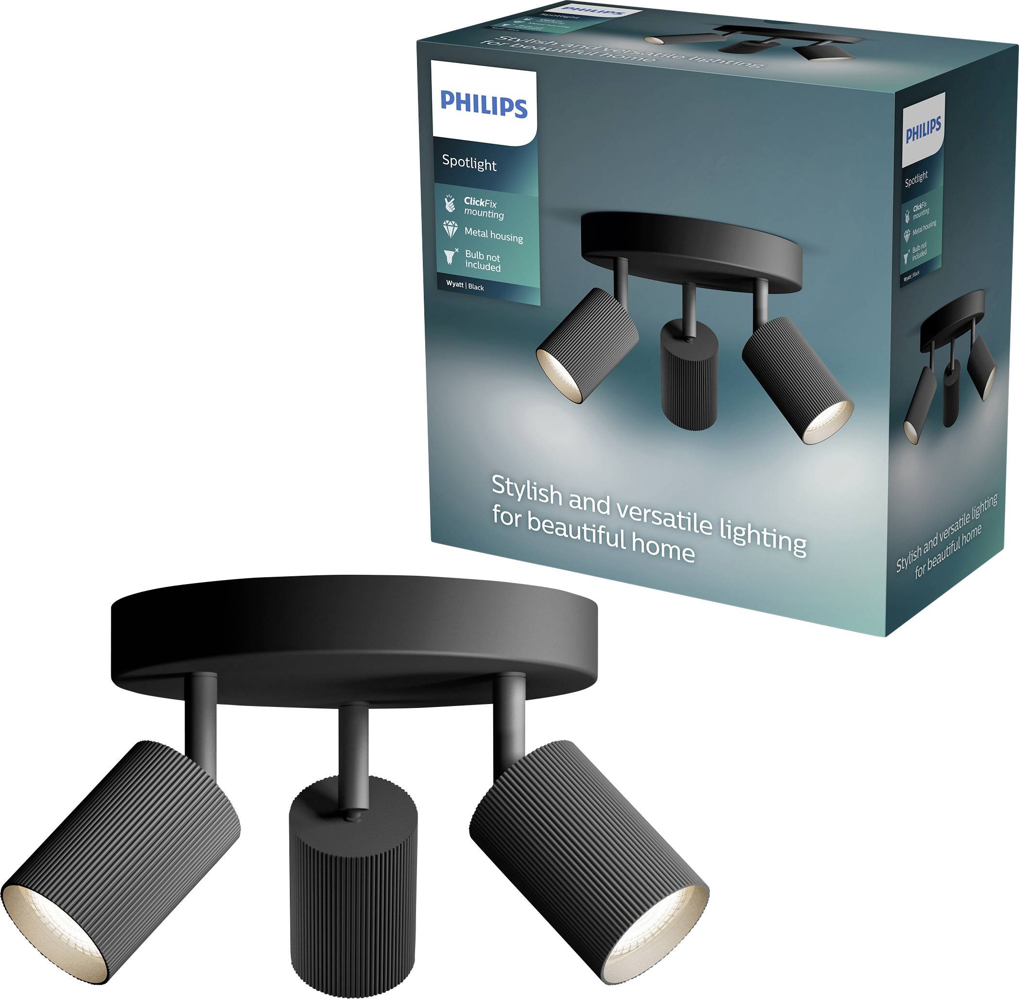 Philips Spotleuchte für die Decke mit drei verstellbaren schwarzen zylindrischen Lampen, gezeigt mit Produktverpackung mit der Aufschrift „Stilvolle und vielseitige Beleuchtung für ein schönes Zuhause
