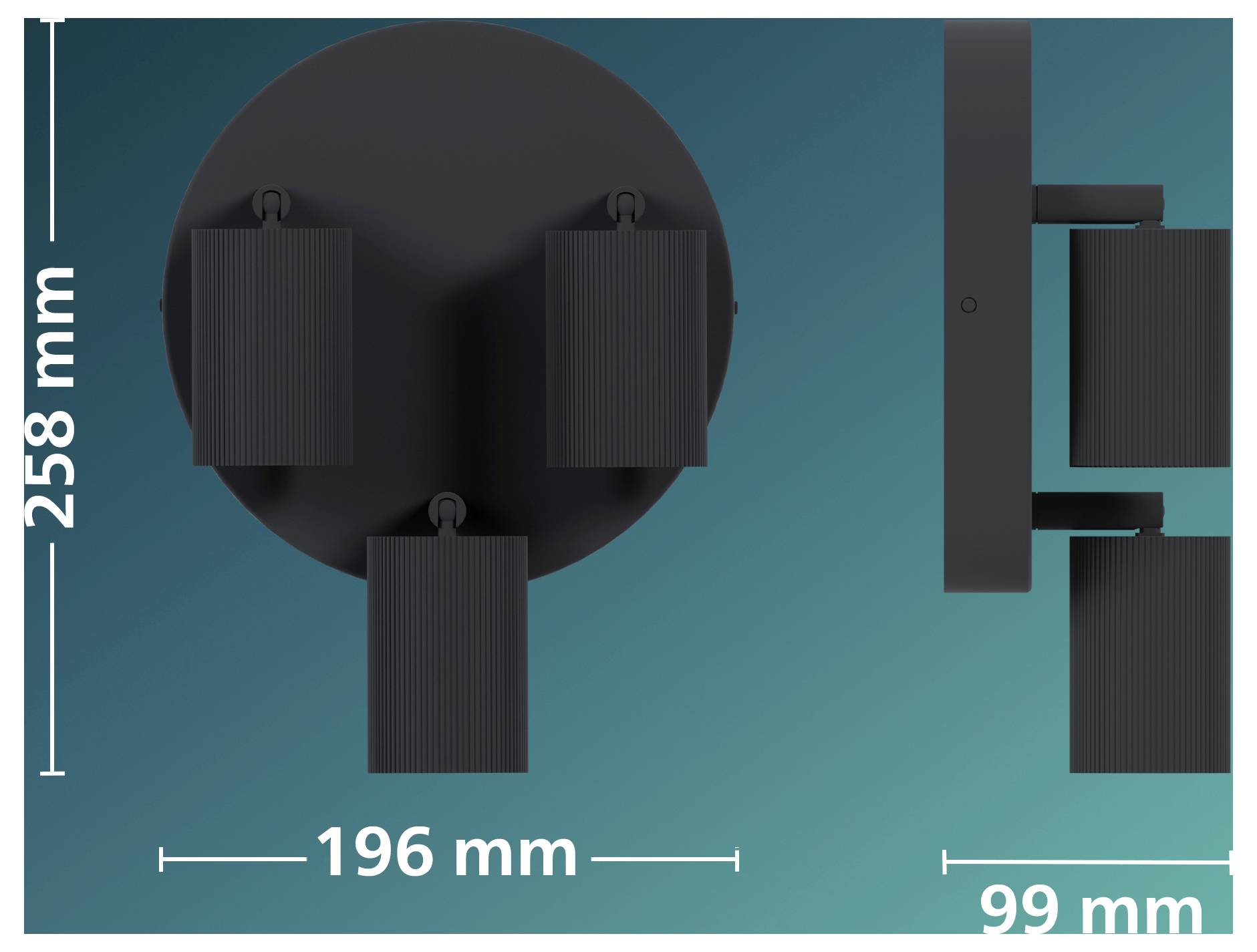 Produktgrößen-Diagramm mit einer runden Leuchte mit drei rechteckigen Befestigungen, gekennzeichnet mit 258 mm Höhe, 196 mm Breite und 99 mm Tiefe.