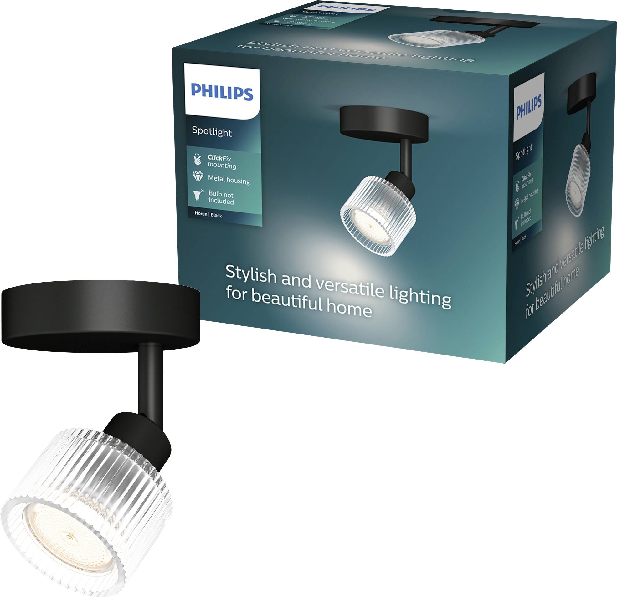 Philips-Spotleuchte und Verpackung mit der Aufschrift „Stilvolles und vielseitiges Licht für ein schönes Zuhause