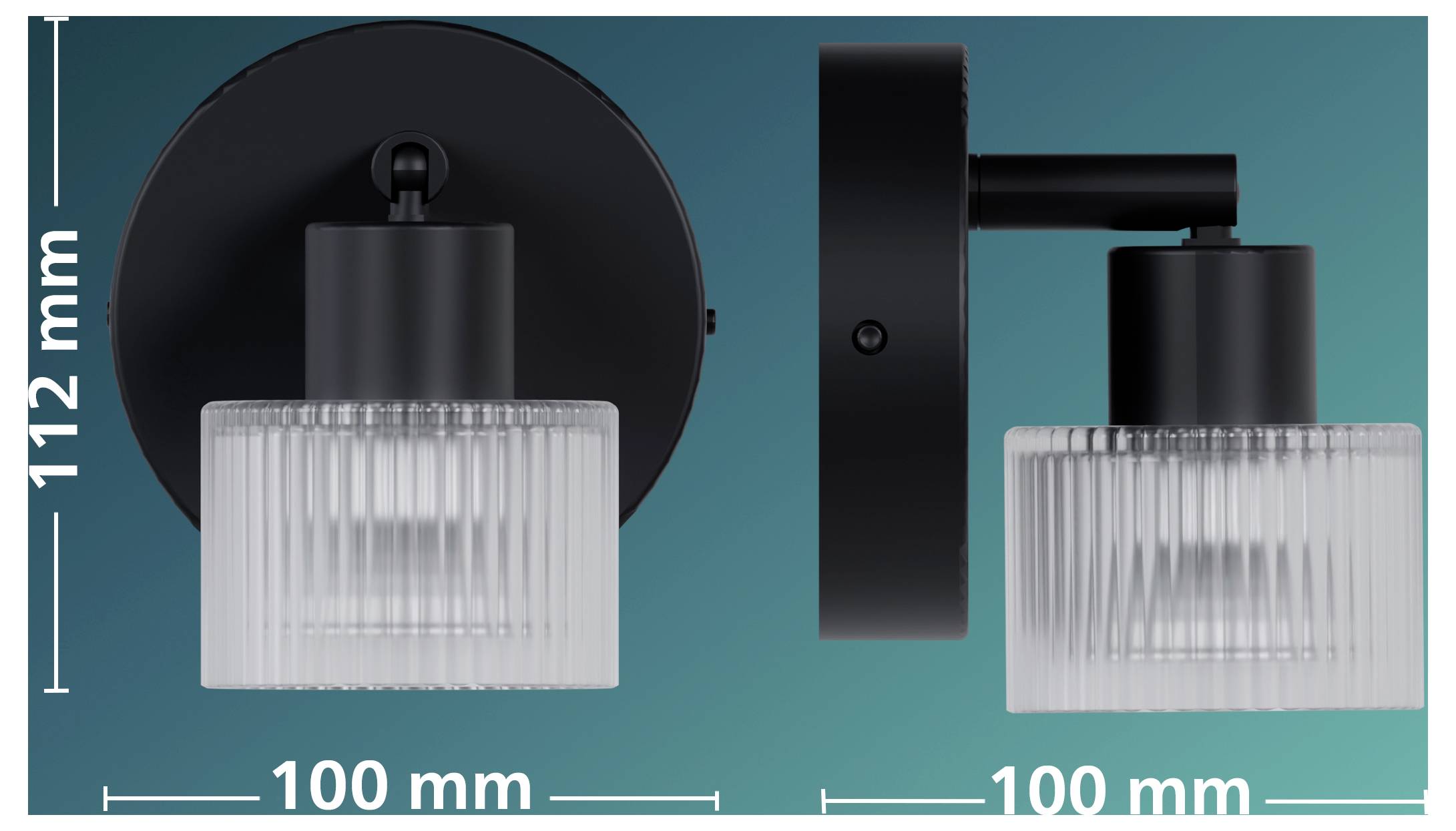 Schwarze Wandleuchte mit geripptem Glasschirm, vorne und von der Seite gezeigt, mit Beschriftung 112 mm hoch und 100 mm breit.