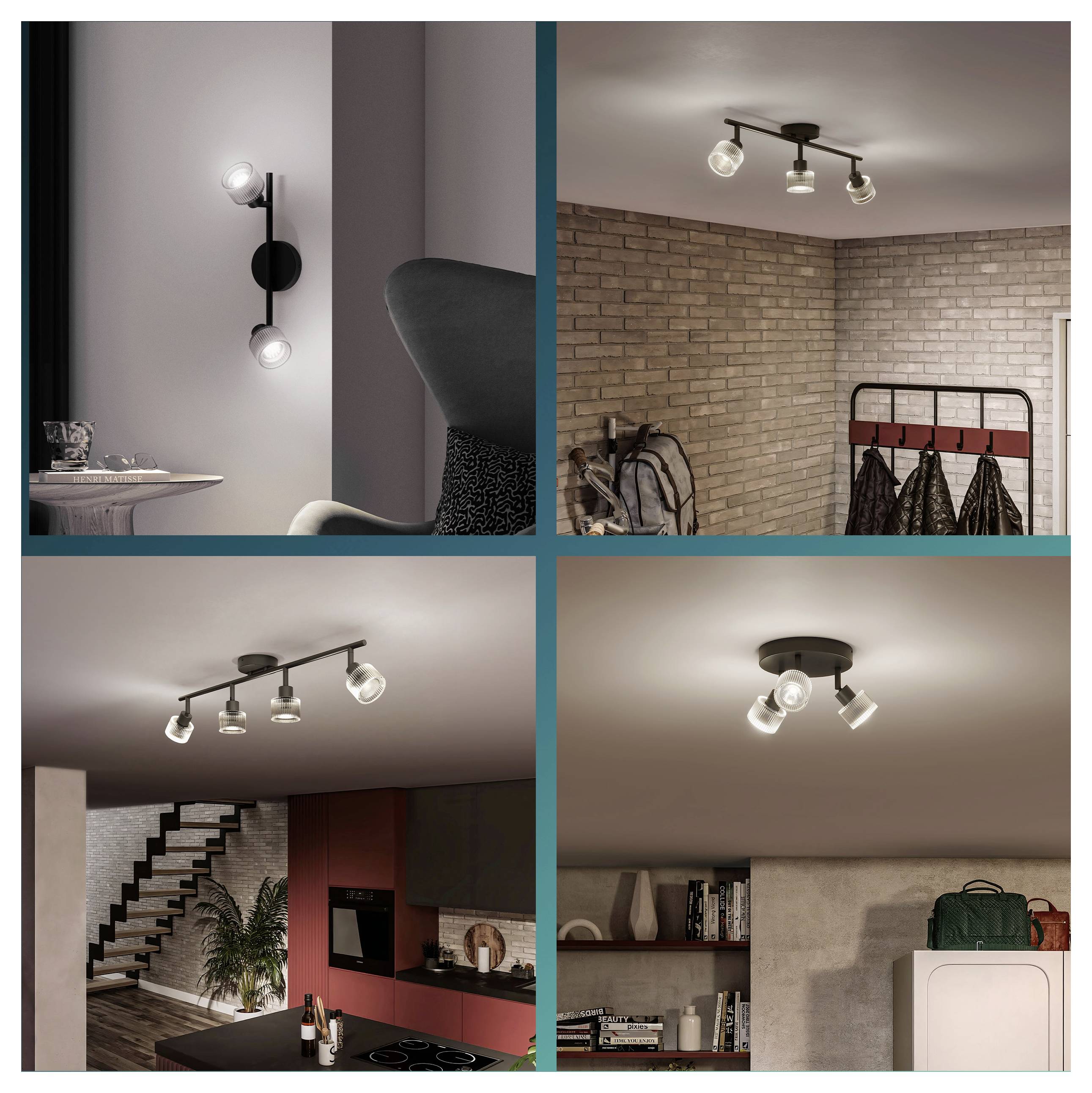 Collage moderner Decken- und Wandleuchten in Innenräumen, die schwarze Metallspots und Schienensysteme in verschiedenen Wohnumgebungen zeigen.