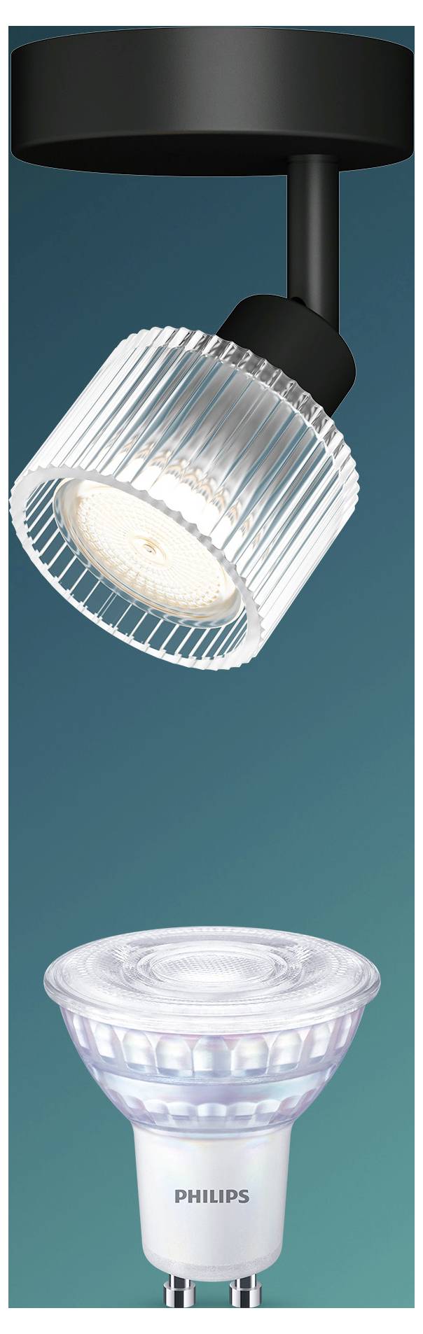 Philips Deckenleuchte in zwei Stilvarianten gezeigt: eine schwarze, deckengestützte verstellbare Lampe und unten eine transparente Glühbirne im GU10-Stil auf tealblauenem Hintergrund.